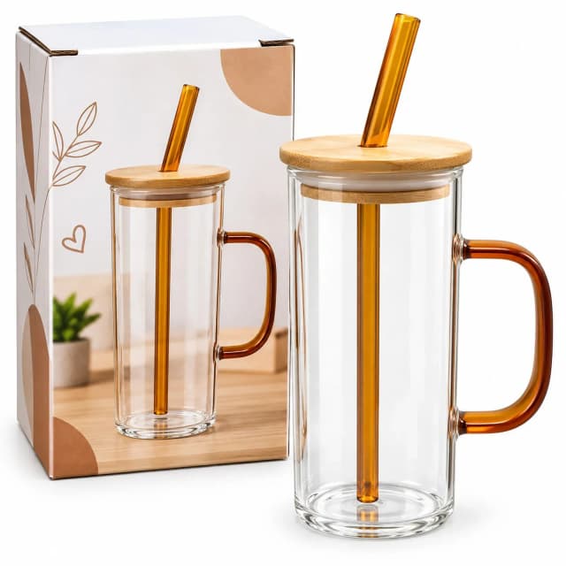 Amber Handle Glass Cup with Bamboo Lid & Straw