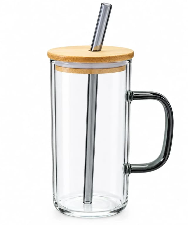 Amber Handle Glass Cup with Bamboo Lid & Straw BK
